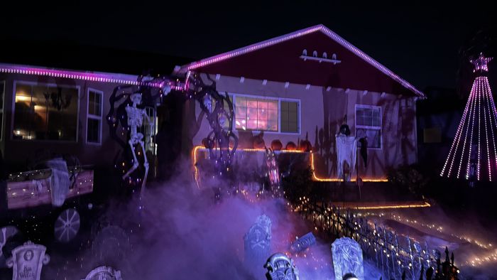 Purple fog rolling over the tombstones